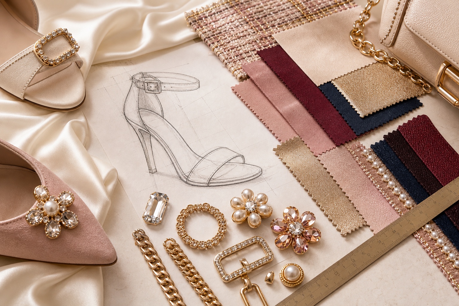 Footwear development sketch, material swatches and accessories