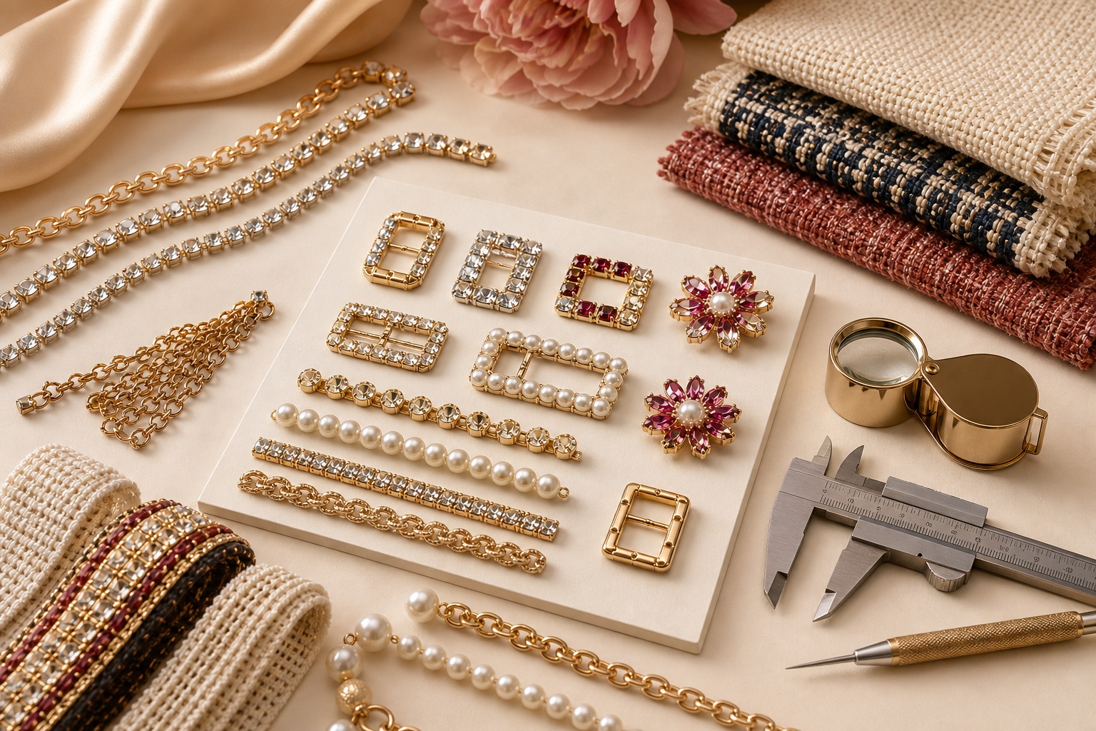 Organized trims and accessories prepared for quality inspection