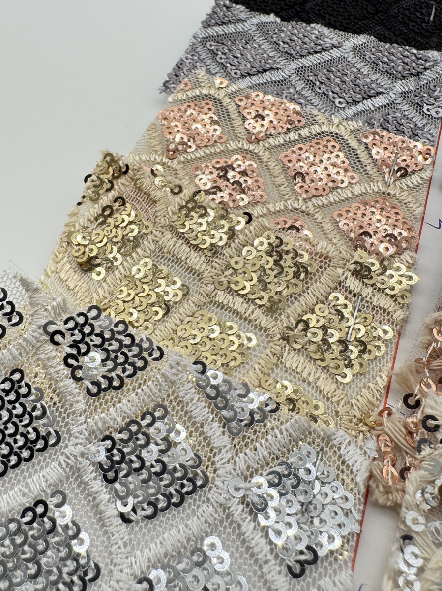Sequin lace fabric swatches