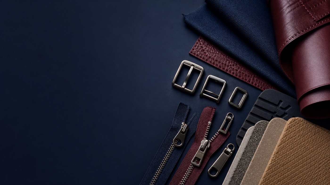 Bag hardware, zippers and material samples